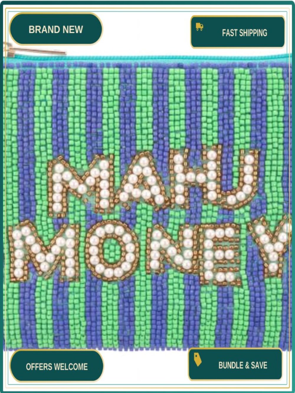 Handmade Beaded Mahjong Coin Purse Zipper Pouch Mini Bag